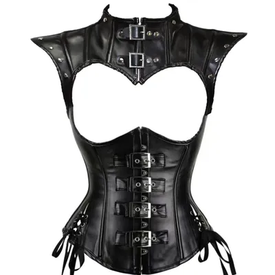 Frauen Kunstleder Steampunk Vollbrustkorsett Set Mittelalter Renaissance Gothic Schulter Tops Outfits Taille Training Mieder Weste Image