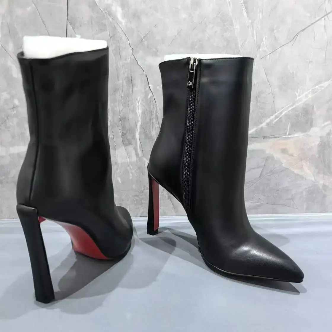 Pointed Toe Black Leather Botas De Mujer Red Sole Mid-Calf Boots For Women Back Zipper Office Lady Career Shoes Female High Heel