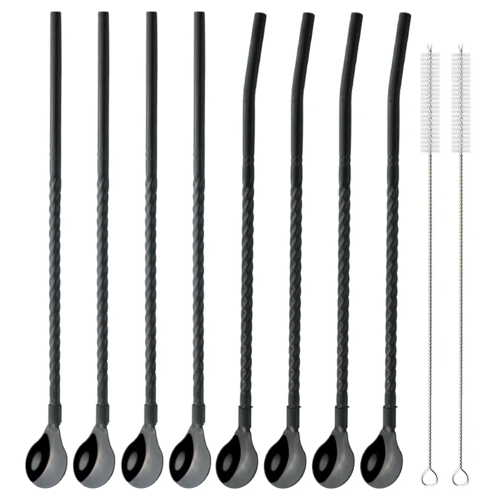 10 teile/satz stroh löffel tragbare schwarze tee schaufel wieder verwendbare farbige edelstahl strohhalme buntes geschirrset für bar party Image