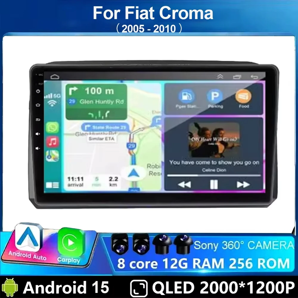 Autoradio Android 15 con Carplay per Fiat Croma 2005-2010, Lettore Multimediale Video, WIFI 4G, Navigazione GPS, FM, Unità di Controllo