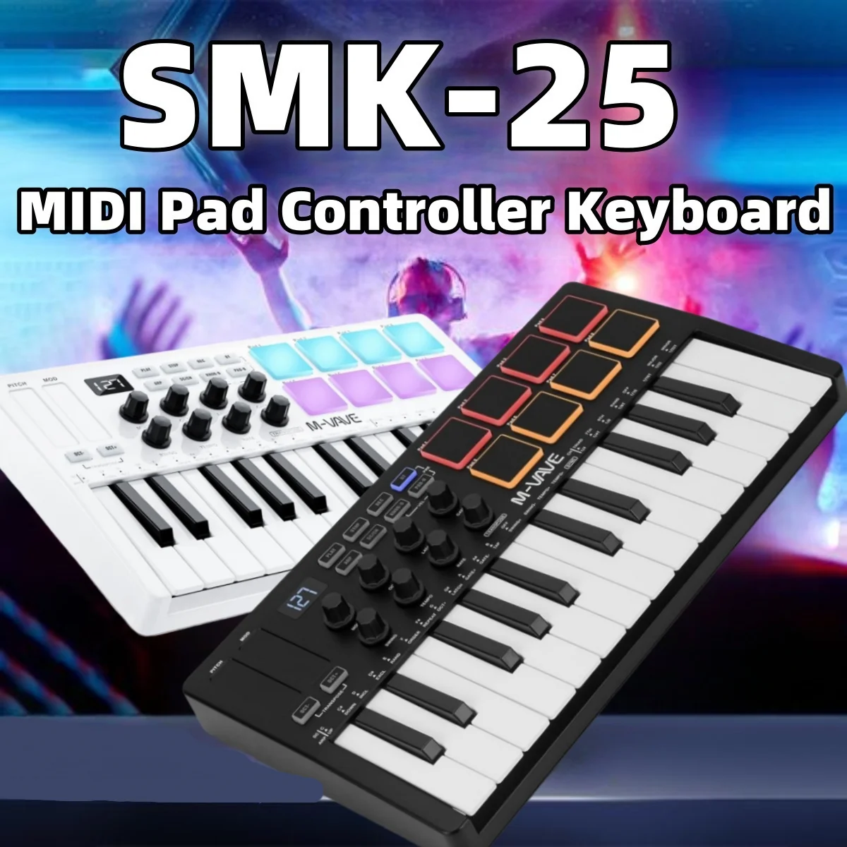 Controller MIDI M-VAVE SMK-25 Pro | 25 tasti+8 pad+8 manopole | Sincronizzazione DAW wireless/USB | Beat Maker retroilluminato RGB con/3 DAW | USB/Wireless