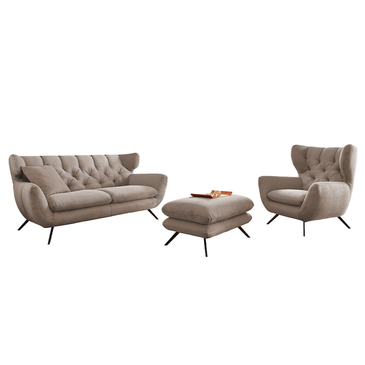 KAWOLA Sitzgruppe CHARME 3-Sitzer Sessel Hockerbank Cord taupe Image