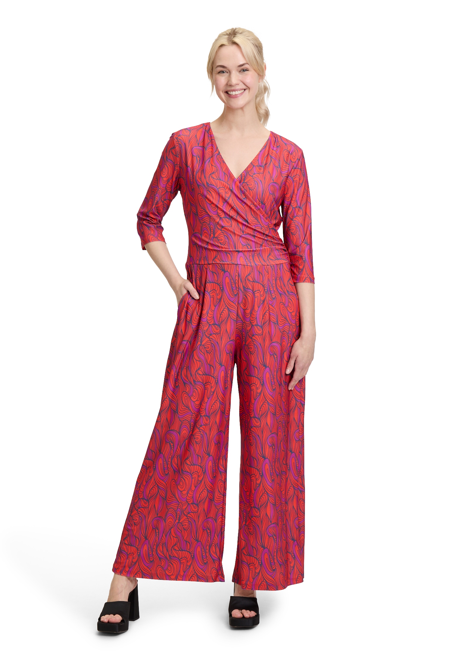 Overall CARTOON "Damen Jumpsuit mit weitem Bein", Damen, Gr. 40, bunt (orange, lila), Obermaterial: 95% Polyester, 05% Elasthan., tailliert, V-Ausschnitt, Overalls, Design Image
