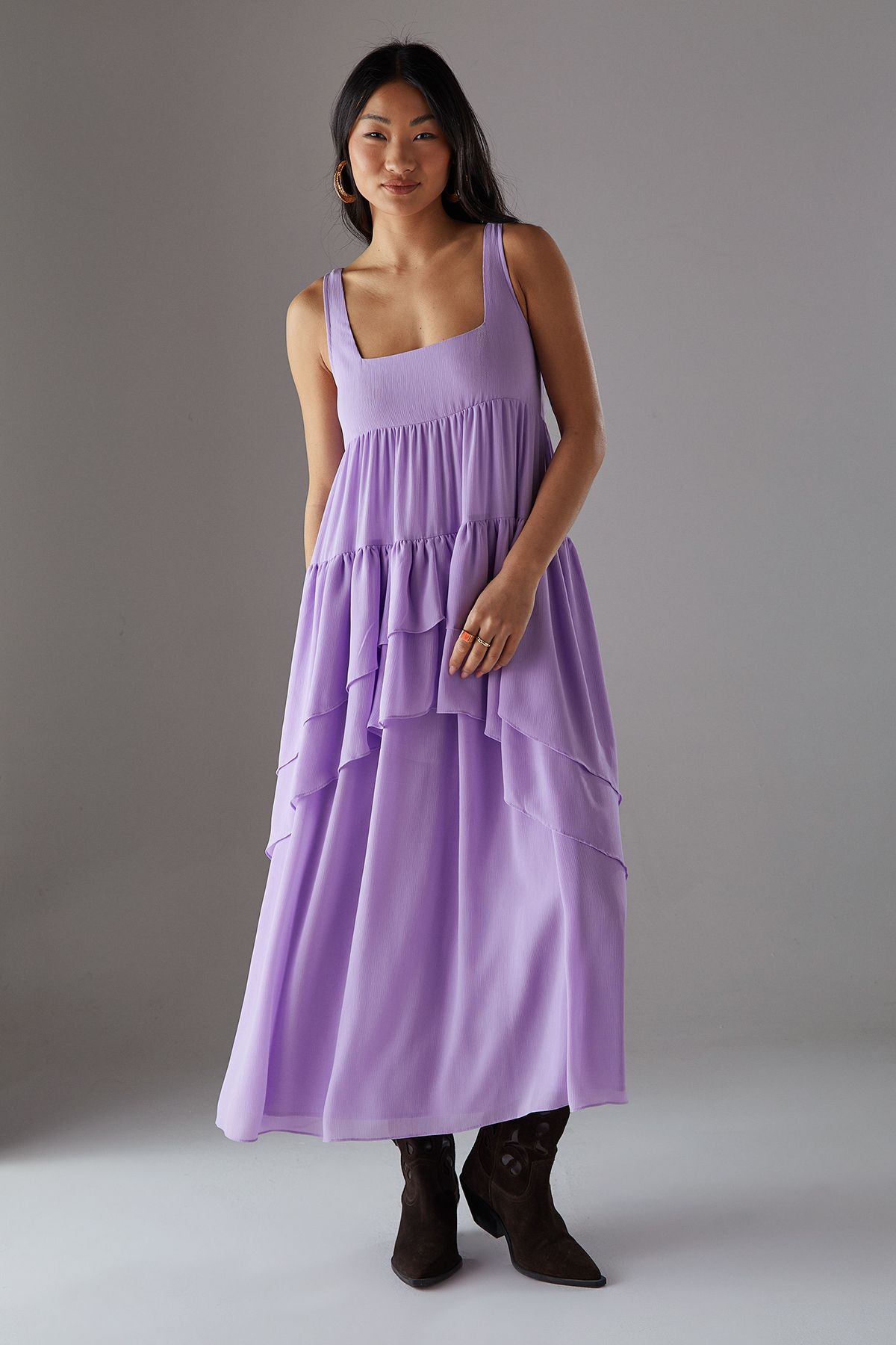 Warehouse Womens Petite Chiffon Ruffle Tier Smock Midi Sundress - Lilac - Size 12 UK | Warehouse Sale | Discount Designer Brands