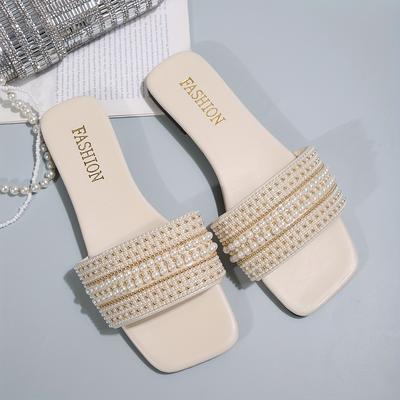 TEMU Women's Retro Flat Slides Open Toe Flat Heel Slippers With Pearl Decoration, Lightweight And Easy To Image