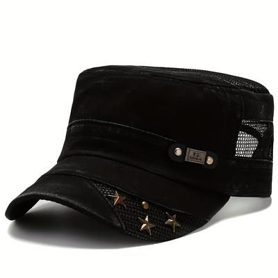 TEMU Men's Sporty Flat Top Hat | Black Polyester | Breathable Mesh Panels & Star Accents | Adjustable Snapback | Sun Protection For Outdoor Leisure And Travel Image
