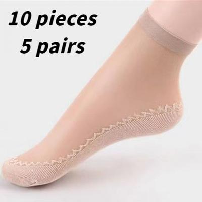 TEMU 10 Pairs Of 5 Pairs Of Ice-feeling Breathable Socks- Stockings, Women's Socks, Spring, Summer, Autumn Bottom, Sweat-absorbent Non-slip Socks, Flesh-colored Anti-snagging Silky Medium Thin Model Image