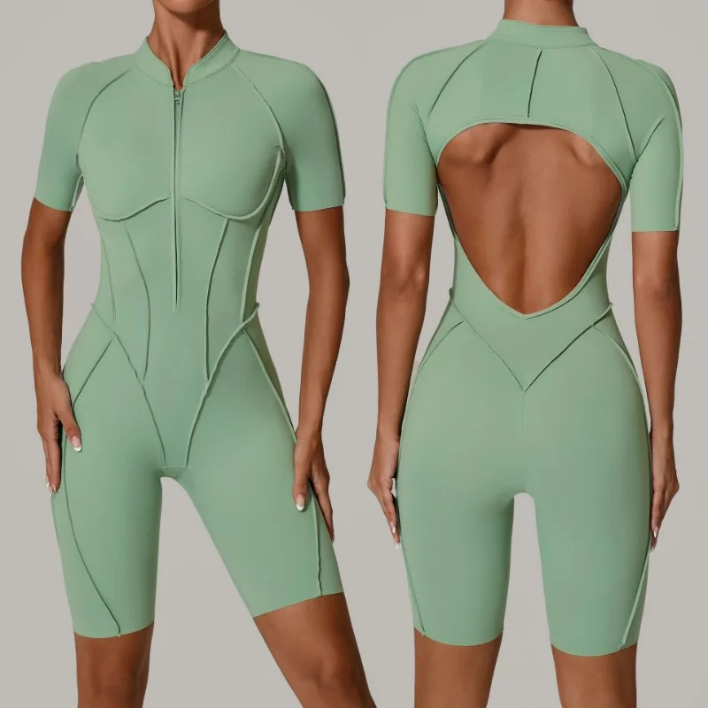 Damen-Trainingsanzug Sportbekleidung Outfit mit Reißverschluss Jumpsuit Yoga Fitness Overall Set Rückenfreier Bodysuit Anzug für Frauen Image