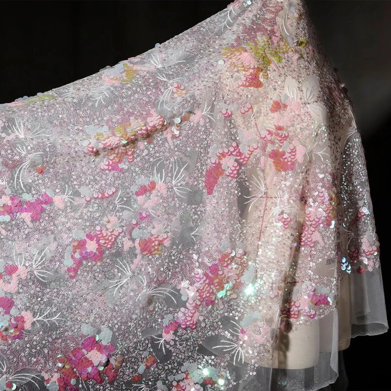Rosa schöne Kristall Pailletten Mesh Fee Wind kreative Stickerei Kleid Kleid Hochzeit Hintergrund Qualität Designer Stoff DIY Image