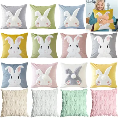 Osterhase-Kissenbezug, 45 x 45 cm, Plüsch-Kaninchen-Kissenbezug, Frohe Ostern, Dekoration, Image