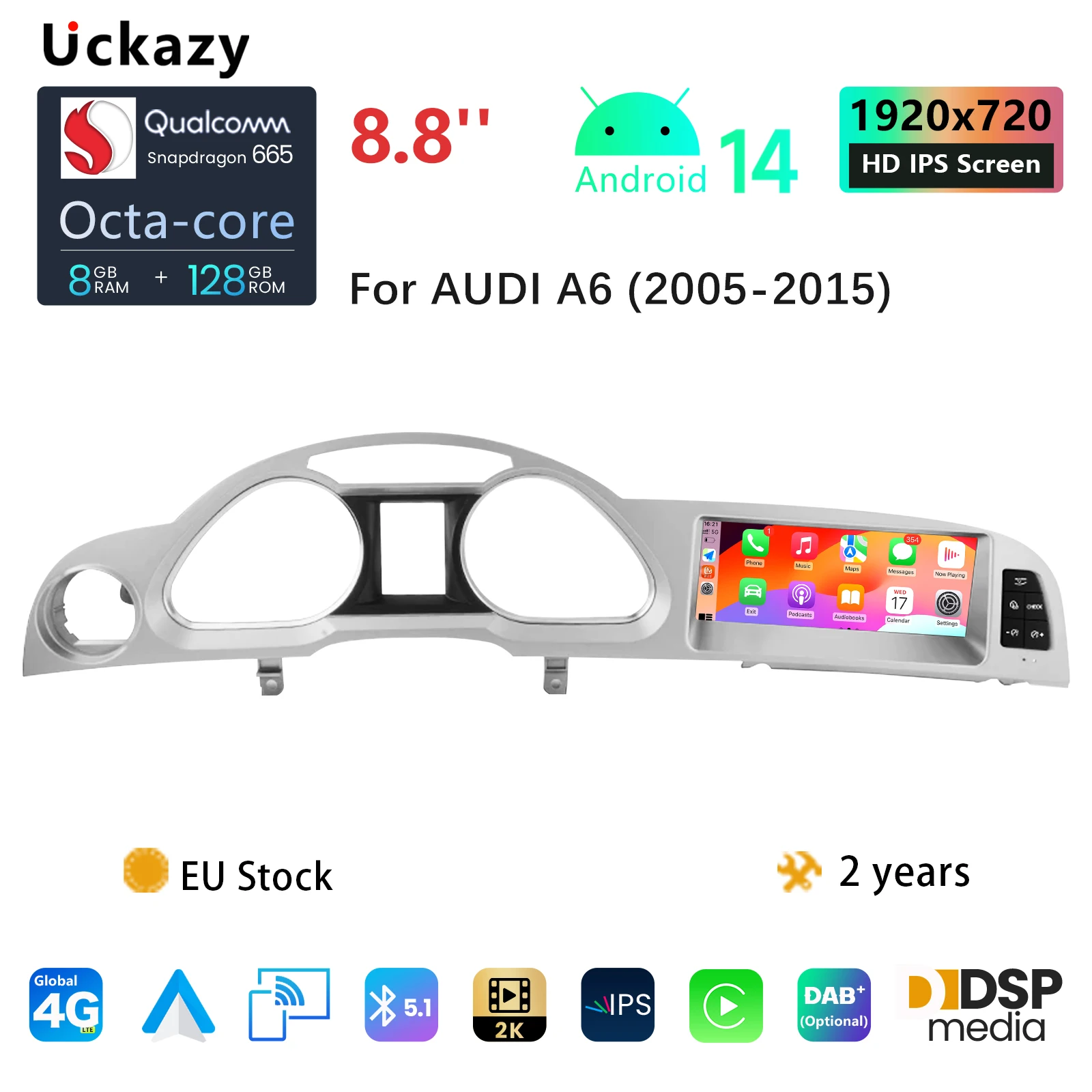 8,8 "Qualcomm Snapdragon 665 Android 14 Auto Radio Für Audi A6 C6 4f 2005-2009 MMI multimedia GPS Navigation Stereo DSP CarPlay Image