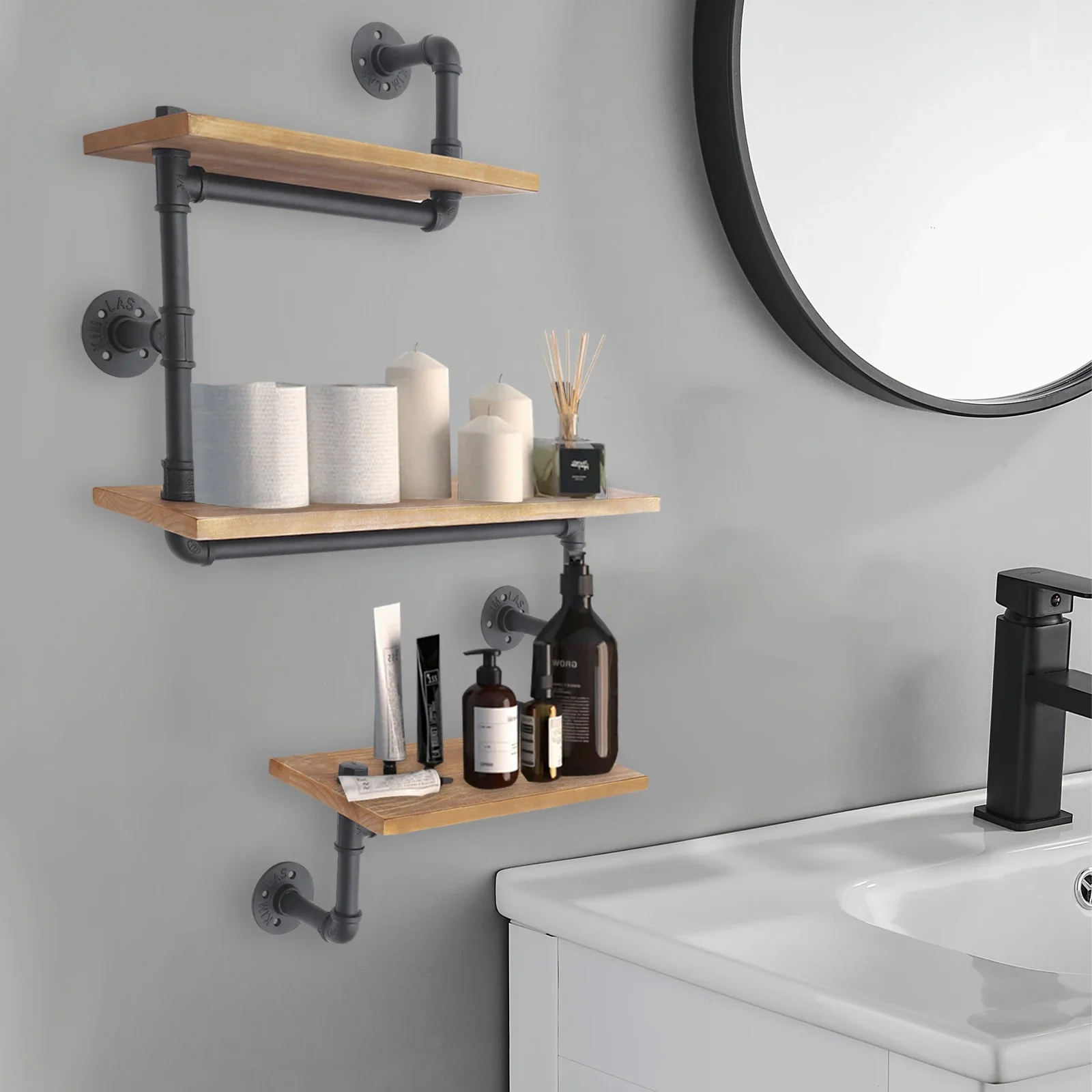 3 Regale Vintage Industrie Rohr Wandregal Halterung Holz Bücherregal Küchenregal Braun Wandmontierte Rohr Design Bücherregale