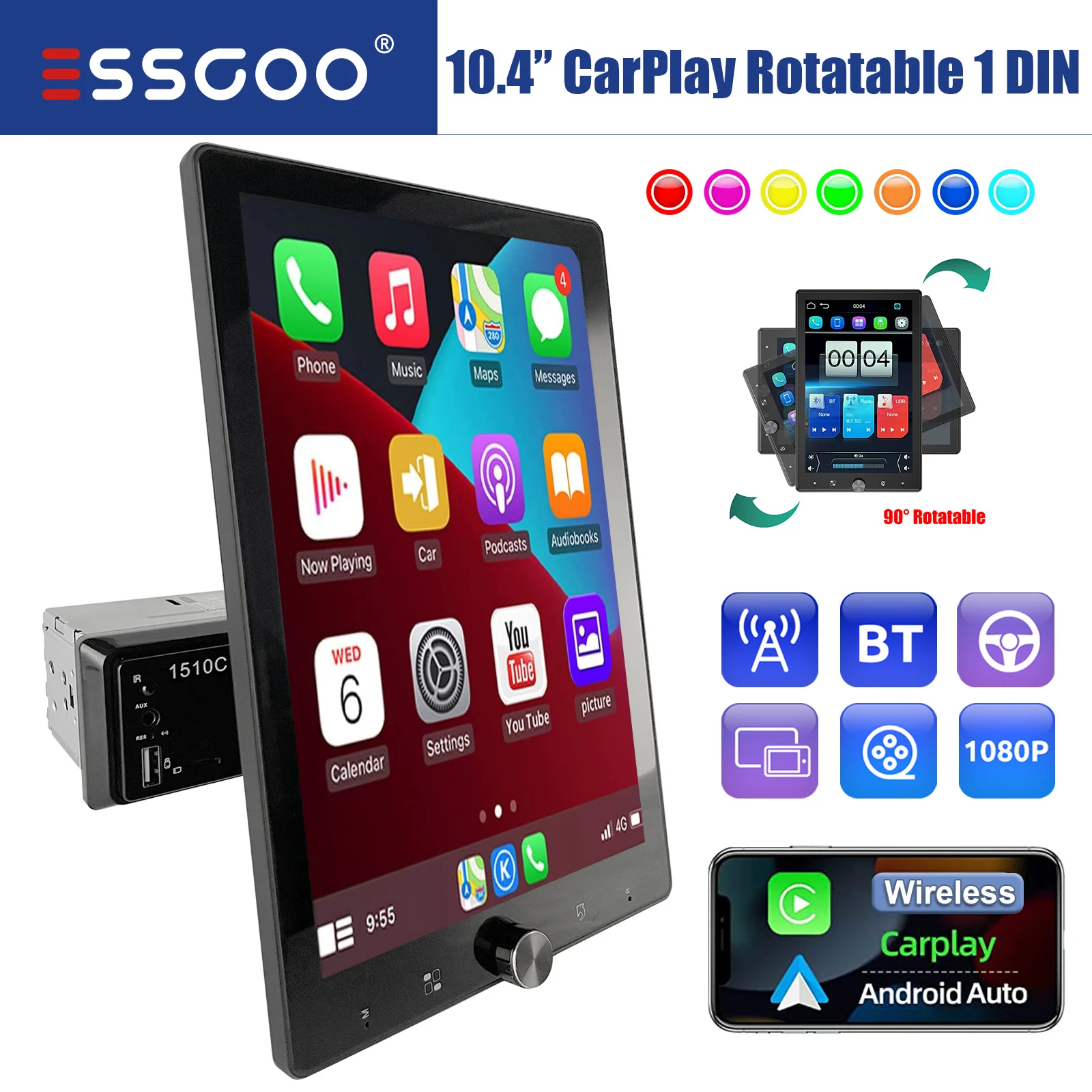 ESSGOO Autoradio 10.4" Single DIN con Apple Carplay Senza Fili, Schermo IPS Rotabile, Android Auto, USB, AUX, Bluetooth - Lettore Multimediale