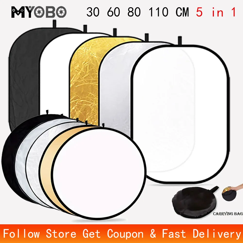 Pannello Riflettente Fotografico MYOBO 5 in 1 - 30 60 80 110 90*120 60*90 cm Riflettori e Diffusori Luce Multicolore Pieghevoli per Studio Fotografico
