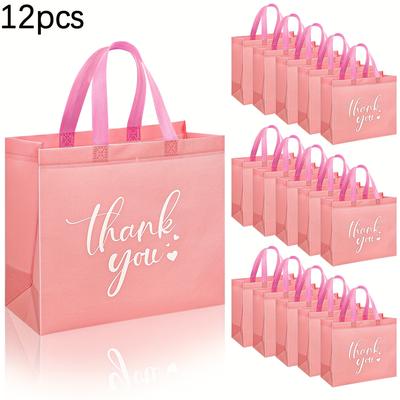 TEMU 12/24 Pack Pink Thank You Gift Bags With Handles, Reusable Non-woven Polypropylene (pp) Foldable Handbags For Valentine's Day, Graduation, Wedding, Bridesmaid Gifts Image