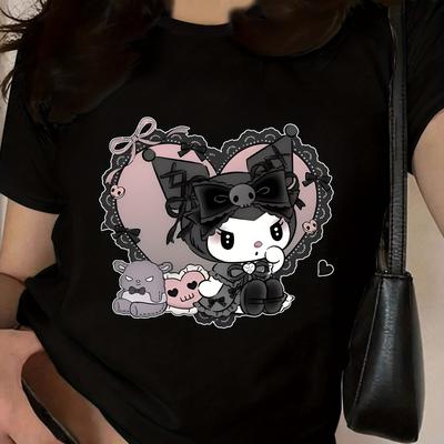 TEMU Hello Kitty Women's Casual T-shirt - Cute Cartoon Graphic Print Round Neck Tee With Applique Details, Medium Stretch, Machine Washable, Spring/summer Fashion Top, Medium Elasticity Fabric Image