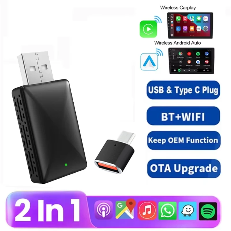 2-in-1-Adapter mit Kabel und kabellosem Carplay-Adapter, Android Auto Plug & Play, USB-Dongle, Typ-C-Verbindung für VW Benz, Audi, Kia, Jeep, Hyundai Image