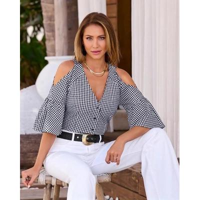 Boston Proper - Black/White Gingham - Cold Shoulder Print Button Up Top - 2XS