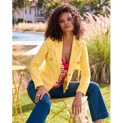 Boston Proper - Lemon Drop Yellow - Modern Length Crest Button Luxe Denim Jacket - Small