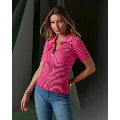 Boston Proper - Shocking Pink - Wide Rib Zip Up Sweater Top - XS
