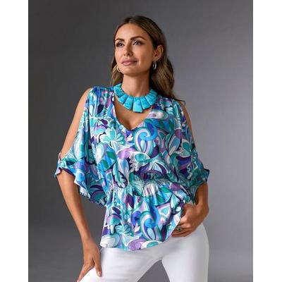 Boston Proper - Maldives Abstract Purple - Print Cold Shoulder Blouson Blouse - Large