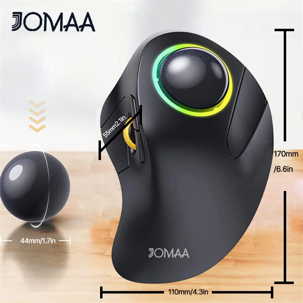 Jomaa RGB-hintergrundbeleuchtete Trackball-Maussteuerung für Gaming, Bluetooth, vertikale Trackball-Maus für die rechte Hand für Gamer, Windows, Mac Image