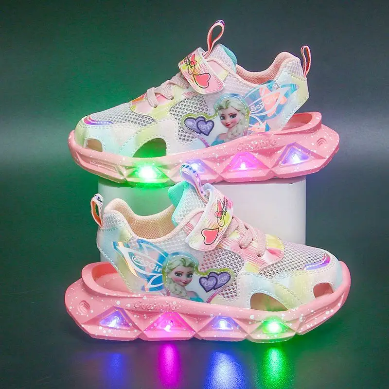 Disney Kindersandalen Damen Sommer Mädchen Sandalen Led-Leuchten Kinder Baby Prinzessin Elsa Strand Rosa Lila Schuhe Größe 22-37