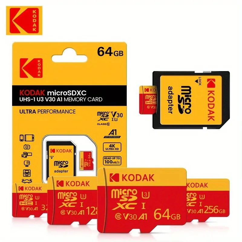 Kodak Hochgeschwindigkeits-MicroSDXC-Kartenadapter – 32 GB–256 GB, UHS-I U3 V30 A1, für Laptops, Smartphones, Überwachungs- und Armaturenbrettkameras Image