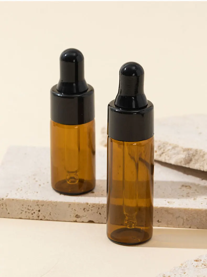 8 Stück 3/5 ml Gummi-Tropfflasche aus Glas für ätherische Öle, braune dunkle Tropfflasche, leere Flasche, Reise Image
