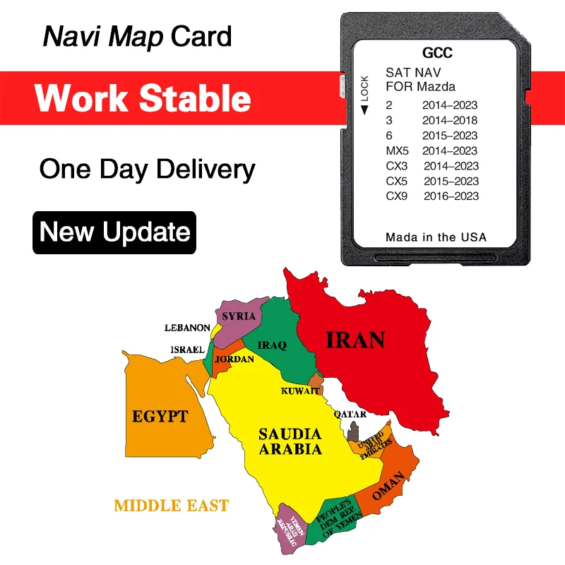 Aktualisieren Sie allgemeine GCC Gulf Area-Karten aus dem Nahen Osten 2024 SD-Speicherkarten-Navigation für Mazda 2/3/6/MX5/CX5/CX9 Auto-Navi-Systeme GPS