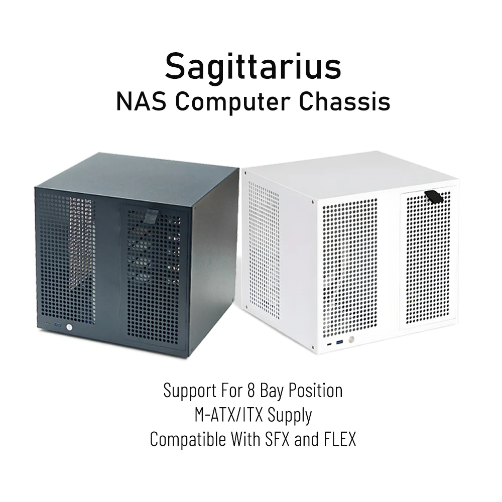 Hot Sagittarius 8-Bay NAS-Chassis mit Backplane-Gehäuse, ATX-Netzteil, MATX-Motherboard, volle Höhe, PCIE UNRAID, Schwarz, Weiß