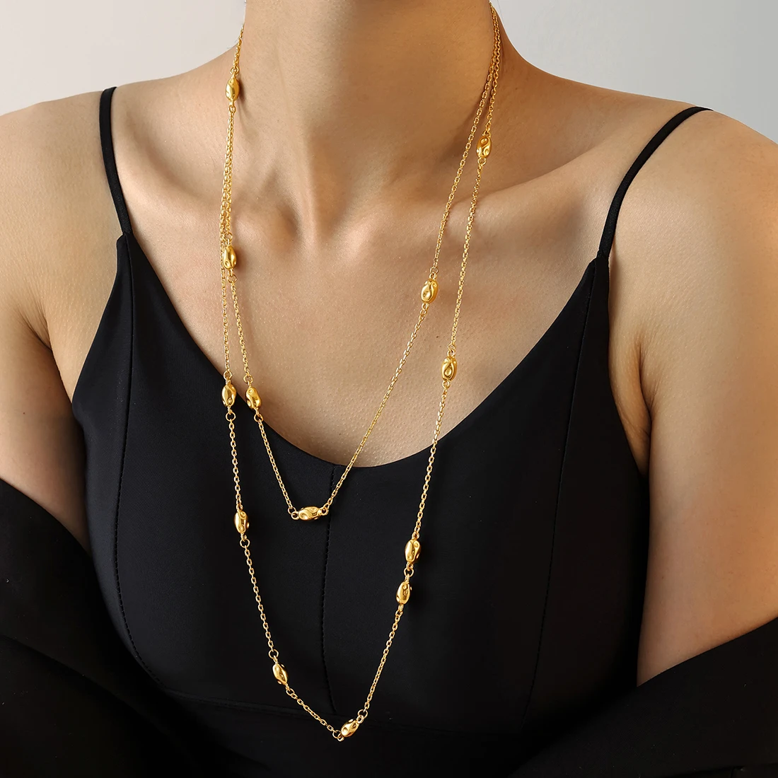 Ovale lange Halskette mit Perlen für Damen, Edelstahl-Pulloverkette, vergoldet, 2 Saiten, wasserdichter Schmuck, Geschenk Image