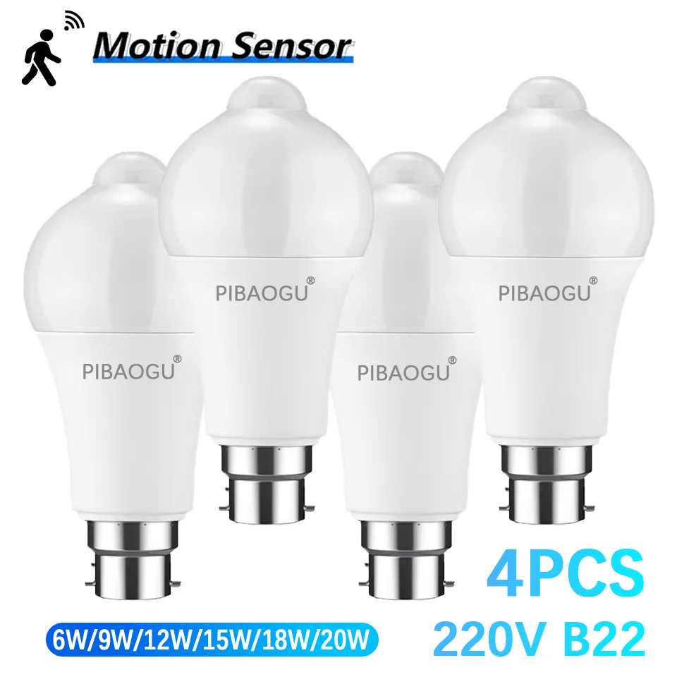4PCS Led Bulb Radar Motion Sensor B22 220V 20W 18W 15W 12W 9W 6W Light Bulb Auto On Off Sensor Infrared Motion Detect Night Lamp