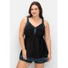 Tankini-Top SHEEGO "Große Größen", Damen, Gr. 48, Cup C, schwarz (schwarz gemustert), Polyamid, Xtra Life LYCRA, Bikini-Oberteile, in Longform, mit Pünktchenprint