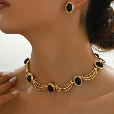 Elegant Gold and Black Jewelry Set with Oval Gemstones Choker Style Necklace and Matching Earrings