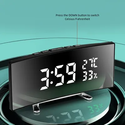 1pc multifunctional LED curved screen mirror alarm clock, with time/temperature and humidity