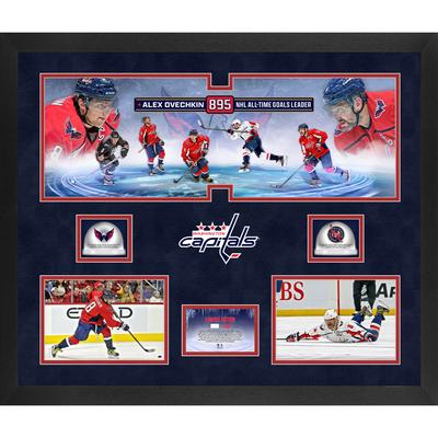 Alexander Ovechkin, Washington Capitals, gerahmt, 20 x 24 Zoll, 895. Tor, Collage aus drei Fotos mit zwei im Spiel verwendeten Eisflächen aus einem Caps-Spiel während der Saison 895. Tor und 802. Tor – limitierte Auflage von 100 Image