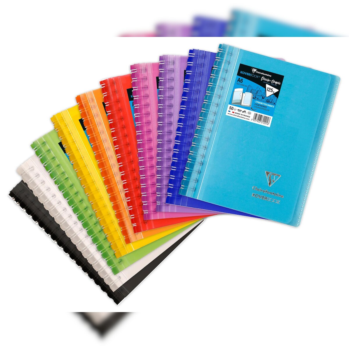 Clairefontaine 5x Koverbook, Zeichenblock/Skizzenblock mit Doppelspiralbindung, A6, 50 Bl blanko weiß 125g, Einband aus PP - Sortiert 331201C Image