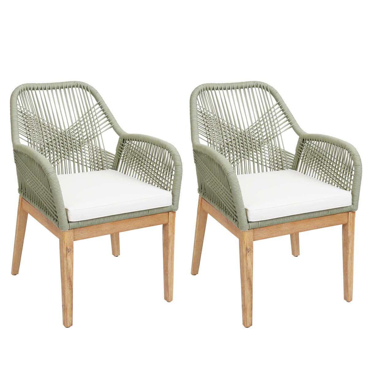 Mendler 2er-Set Gartenstuhl HWC-H56b, Sessel Outdoor, wetterfest Seilgeflecht Rope Holz Akazie ~ grün Kissen creme Image