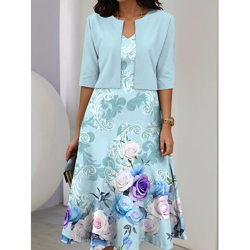 Set di abiti da donna a due pezzi abito midi con giacca abito elegante a linea maniche a ¾ festa semi formale stampa grafica floreale scollo a V invitata a matrimoni quotidiano blu vestibilità