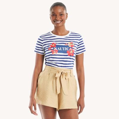 Nautica Women's Puff Stripes And Flowers Graphic T-Shirt Bright White, M