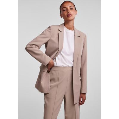 Longblazer PIECES "PCBOSELLA LS LOOSE BLAZER NOOS", Damen, Gr. S (36), silber (silber mink), Web, Obermaterial: 88% Polyester, 12% Elasthan, unifarben, casual, Basic, tiefer V-Ausschnitt, Langarm, Blazer, in leichter Oversize Form Image