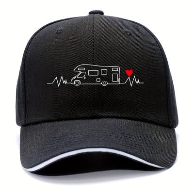 TEMU Heartbeat Baseball Cap - Adjustable Black & Hat With Rv Graphic, Lightweight Polyester, Outdoor Activities, Camping, And Rv Travel Enthusiasts Image