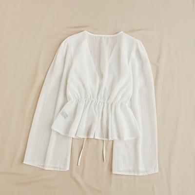TEMU Women's Lightweight Sheer Blouse - Casual Open-front Cardigan With Tie Waist, Long Sleeve, White Ribbed Texture, Machine Washable, Wear, Casual Wear Blouse | Relaxed | Sheer Fabric Image