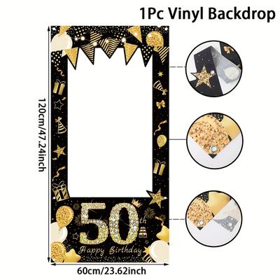 TEMU 50th Birthday Photo Backdrop - Black And Golden Vinyl, 120x60cm, Festive Balloon And , Ideal For Adult Birthday Party Decorations And Gifts, Birthday Decorations Image