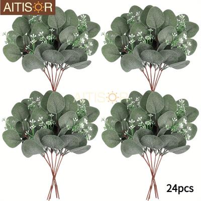 TEMU 24pcs Aitisor Eucalyptus Stems - Lifelike Greenery Branches For Vase Decor, Floral Arrangements, Wedding Centerpieces & Image