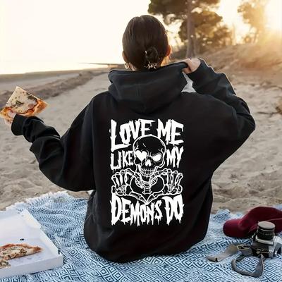 TEMU 1pc Women's Polyester Hoodie With Skeleton And Letter Print, Casual Long Sleeve Pullover With Kangaroo Pocket, Drawstring Hooded Sweatshirt For Fall/winter Image