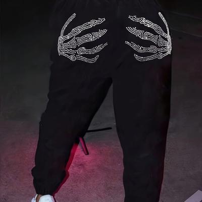 TEMU 1pc Women's Casual Polyester Jogger Pants With Waistband, Embellished Skeleton Hands, And Letter Detail - Knit Joggers With Cuffed Ankles Image