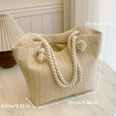 TEMU Hemp Canvas Tote Bag For Women With Rope Handles - Multifunctional Beach And Travel Shoulder Bag With Zipper Closure, Polyester Lining, Paint Image
