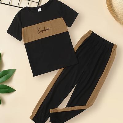 TEMU Boys'-color Spliced English Printed Short-sleeved Top + Waist Long Pants Casual Two-piece Set, Outdoor Image